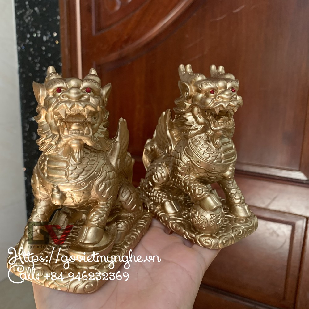 Cặp 2 Tượng Đá Tỳ Hưu 2 Sừng - Trang Trí Bàn Làm Việc - Cao 12cm - Màu Nhũ Vàng