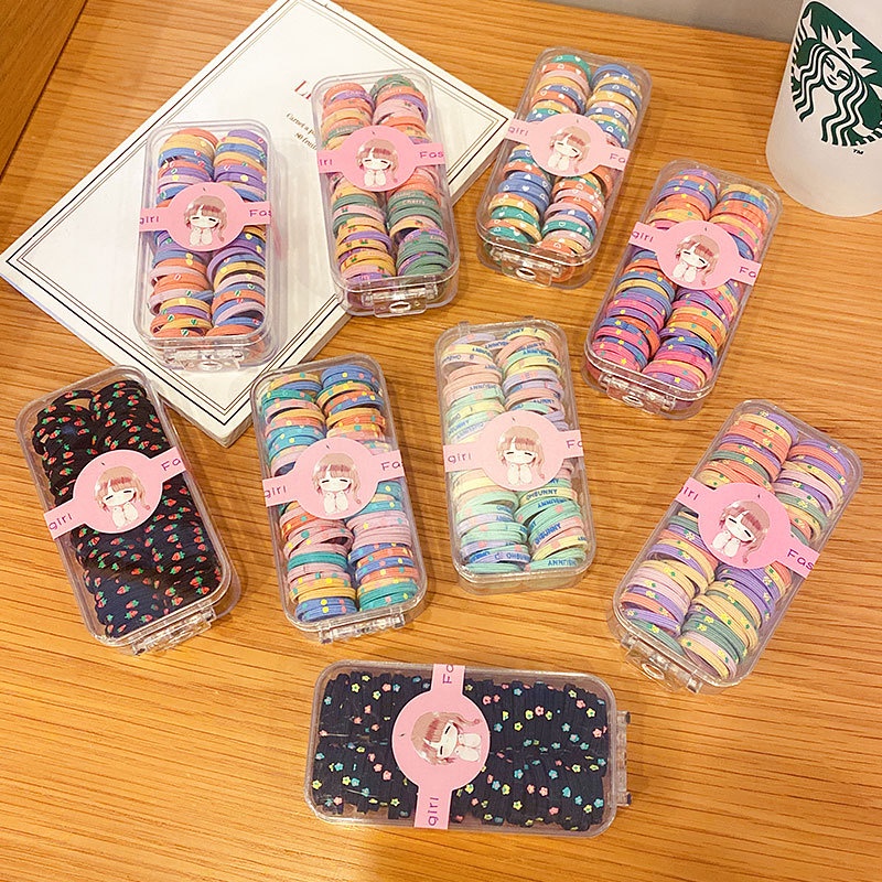Hộp 60 Dây Buộc Tóc Cao Su Co Giãn Màu Kẹo Dễ Thương Phong Cách Hàn Quốc Dành Cho Bé Gái