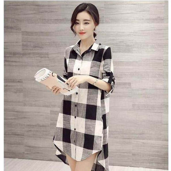 Áo Sơ Mi cotton Dáng Dài Rộng Họa Tiết Kẻ Sọc Ca Rô Thời Trang Mùa Hè Dành Cho Nữ 2022