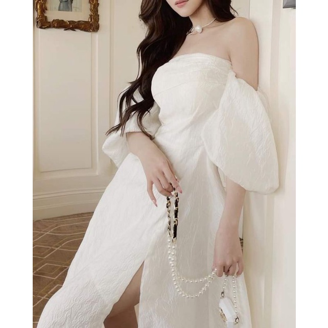 ❤❤Váy trễ vai gấm xẻ bánh bèo tiểu thư🌸🌸