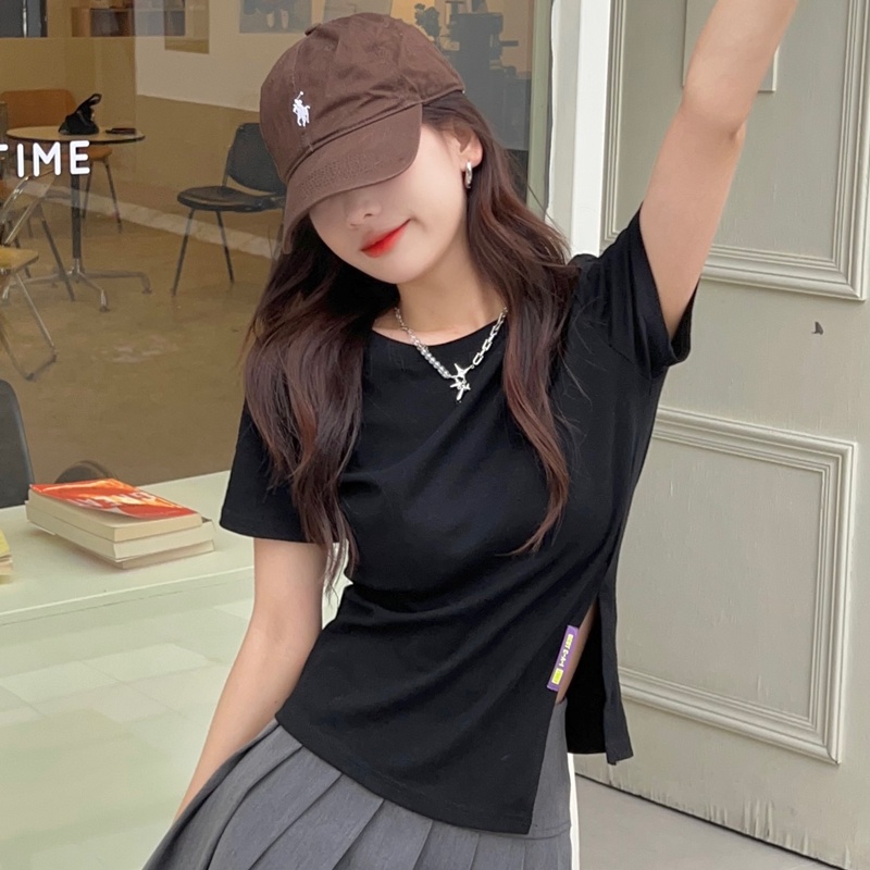 Áo Thun Tay Ngắn Cổ Tròn Xẻ Tà Thời Trang Dành Cho Nữ