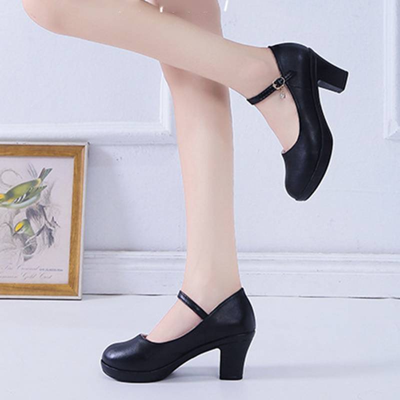 High-heeled shoes work shoes new thick single female fashion buckles round head light mouth shallow mouth for women's shoes