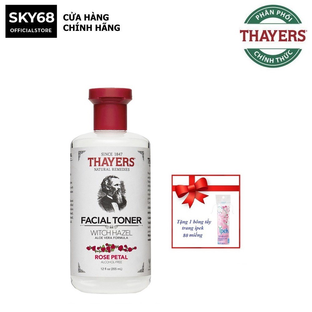 Nước hoa hồng Se Khít Lỗ Chân Lông Thayers Witch Hazel Toner Rose Petal 355ml + Tặng 1 bông tẩy trang Ipek 80 miếng