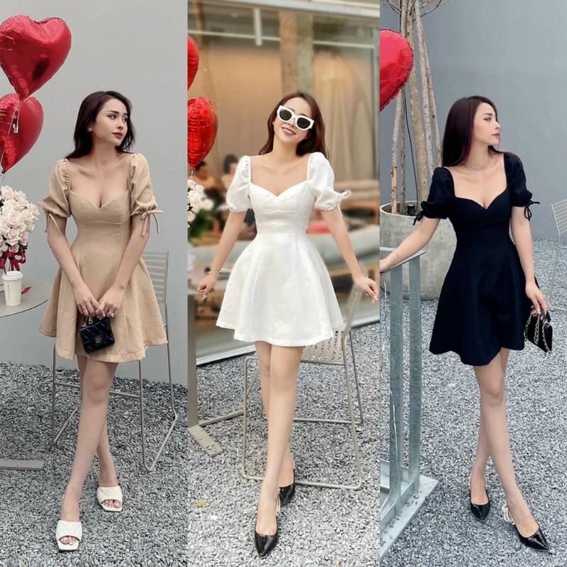 Đầm gân cổ vuông tay bo