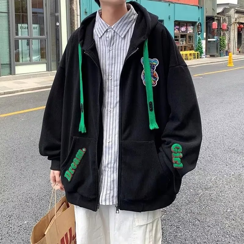 Áo Khoác Cardigan Có Mũ Trùm Dáng Rộng Thêu Họa Tiết Hoạt Hình Đơn Giản Kiểu Retro Hàn Quốc Cho Nam