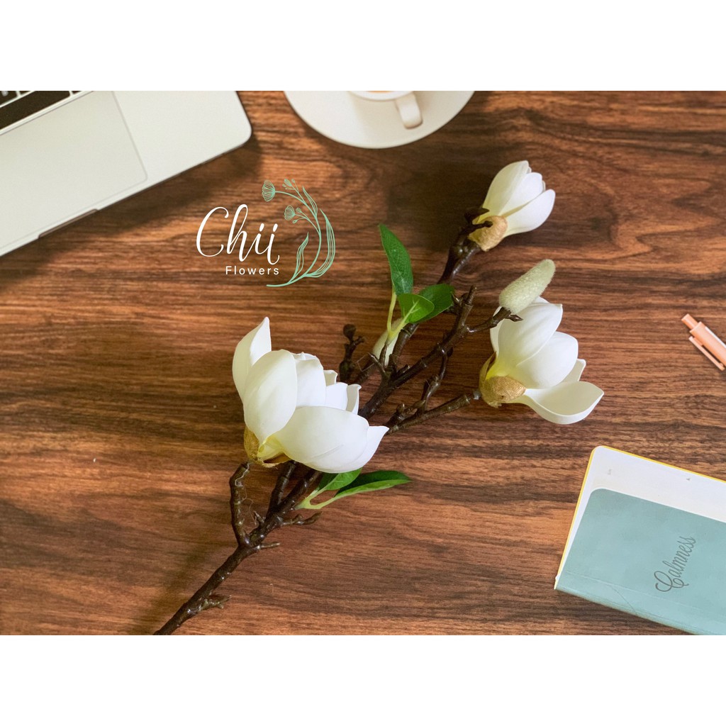Hoa giả hoa lụa - Hoa mộc lan 3 bông đẹp chất PU cao cấp nhập khẩu trang trí nội thất Chiiflower CH44