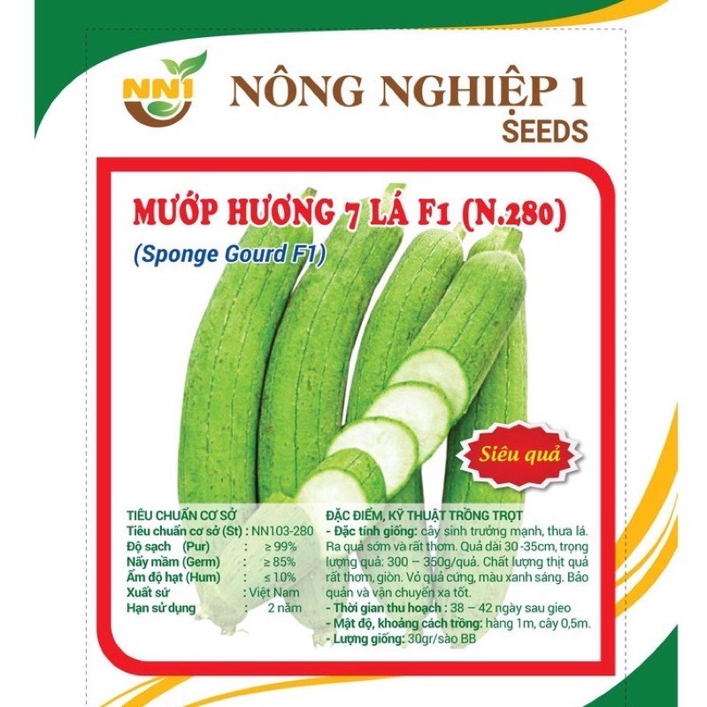 HẠT GIỐNG MƯỚP HƯƠNG 7 LÁ F1 (N.280) gói 2 gam 20 hạt