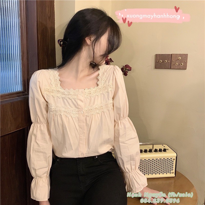 Áo sơ mi trắng ulzzang cổ vuông bánh bèo, áo kiểu tay bồng vintage cực xinh - Xưởng May Hạnh Hồng