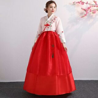 Hanbok Hàn Quốc thêu áo, váy 2 tầng màu đỏ giá rẻ cho học sinh sinh viên.