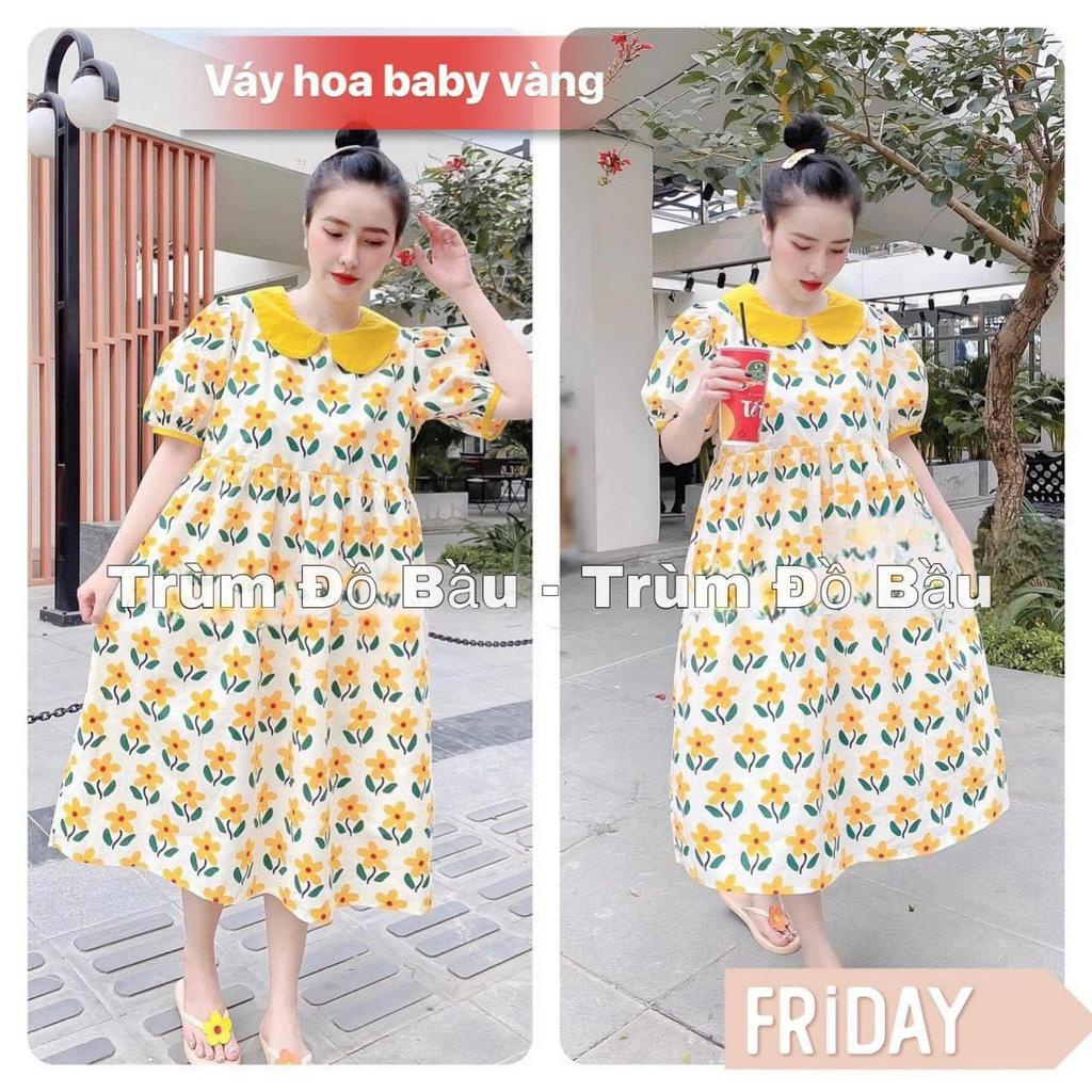 Váy bầu hoa bèo siêu xinh -dáng xuông -đầm bầu tay bèo- ảnh thật cận chất- phù hợp mặc đi làm , đi chơi-freesize 43-68kg