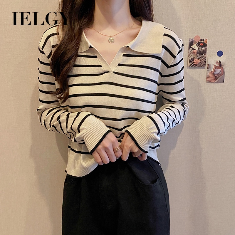 Áo thun IELGY cổ polo tay dài in sọc thời trang cho nữ