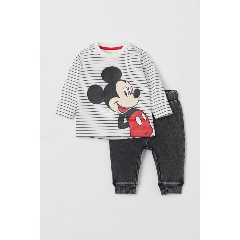 Bộ mickey Hm bé trai áo cotton kẻ ngang, quần bo gấu da cá xịn sò