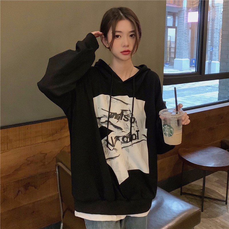 ZHELIHANGFEI Áo Hoodie Thể Thao Dài Tay Dáng Rộng Giả Hai Lớp Cá Tính