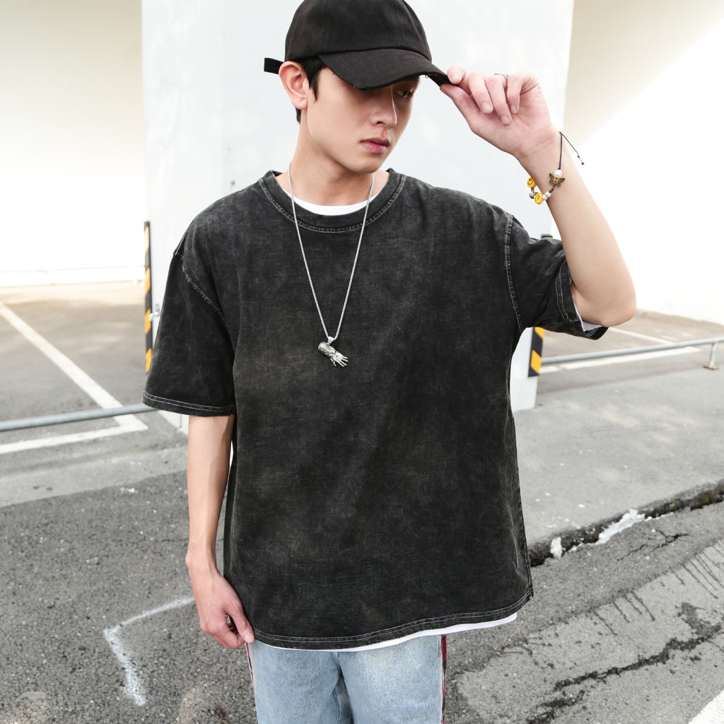 Áo Thun Wash Xám Đậm Trơn Chất Liệu Cotton Thoáng Mát