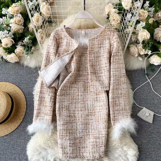 Sét dạ Tweed áo khoác tay dài kèm đầm 2 dây phối lông nữ tính( Kèm Ảnh Thật)- FREESHIP