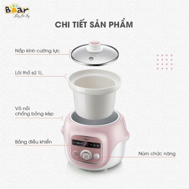 [BẢN QUỐC TẾ] Nồi nấu cháo chậm ninh hầm Bear 1L cho bé ăn dặm