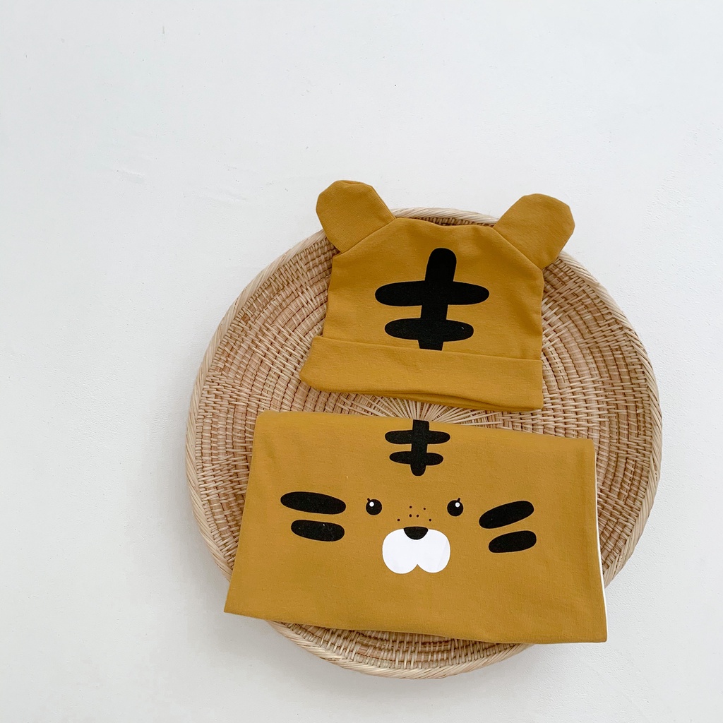 Set Áo Liền Quần + Nón Hình Hổ Bằng Vải Cotton Tay Dài Dễ Thương Cho Bé