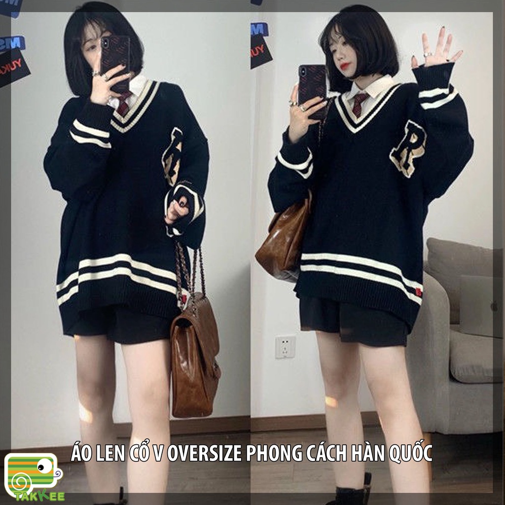 Áo Len Cổ Tim Dáng Rộng Phong Cách Hàn Quốc Cực Trẻ Trung Sang Chảnh