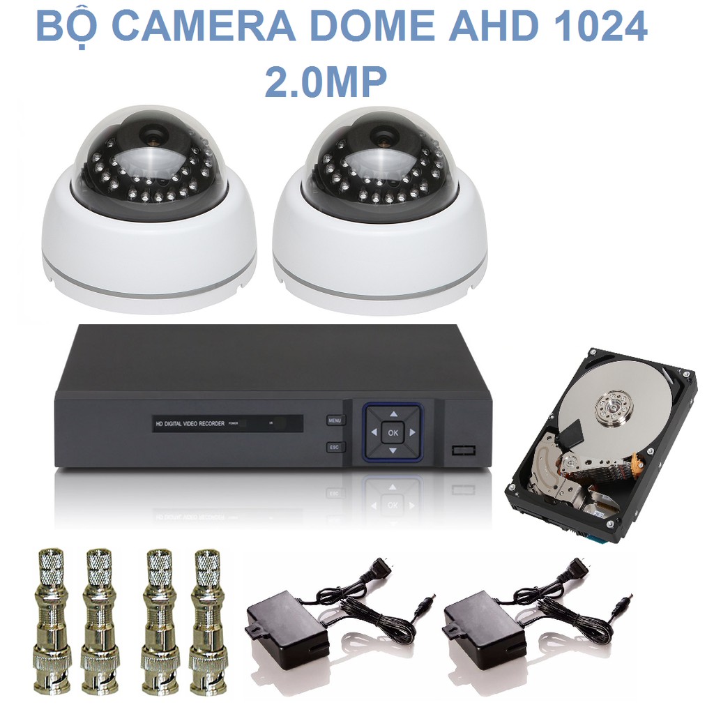 Combo 2 Camera Dome 24 LED Hồng Ngoại Chuẩn AHD 1024 Độ Phân Giải 2.0M + Đầu Ghi Elitek + Ổ cứng 160GB