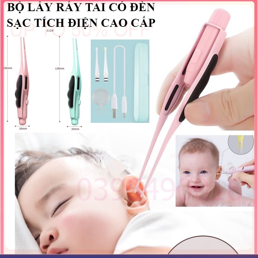 Bộ lấy ráy tai có đèn cao cấp sạc tích điện cho bé và bạn an toàn chuyên nghiệp kèm hộp đựng nhíp gắp tặng kính lúp