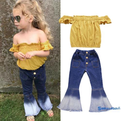 Set áo trễ vai + quần denim ống loe thời trang cho bé gái