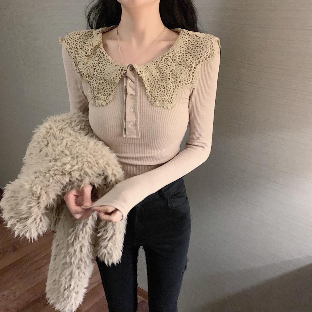 Áo thun tay dài phối ren mỏng phong cách Hàn Quốc mới 2021 cho nữ