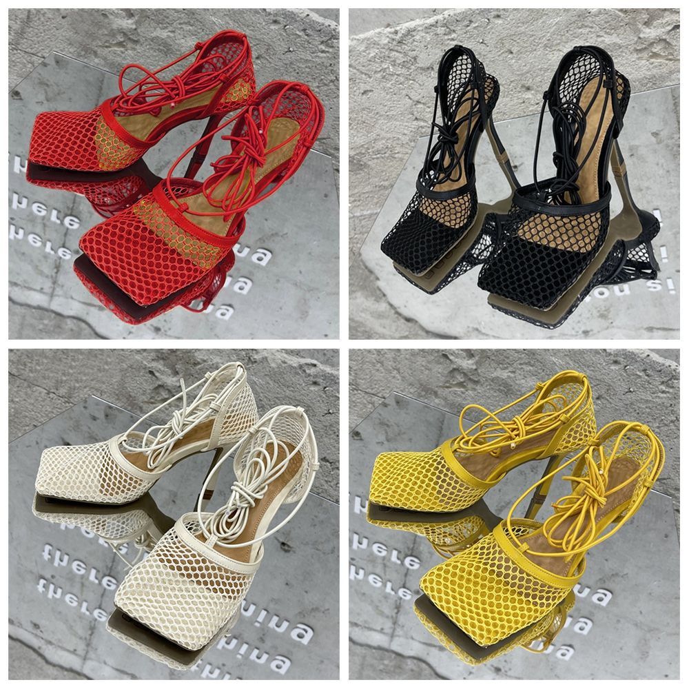 Giày cao gót mũi vuông thiết kế dây đan chéo phối lưới thời trang cho nữ