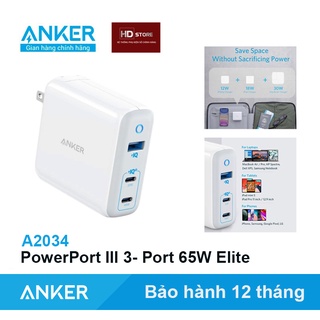 Sạc Anker PowerPort 65W Elite 3 Cổng - A2034 Bảo hành 12 Tháng sạc nhanh 20W 27W 45W