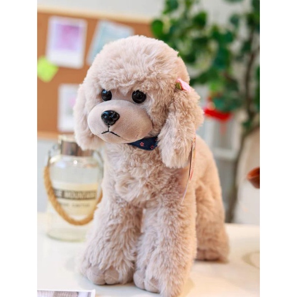 Gấu Bông Hình Chó Poodle Lông Xù Nâu Kem Trắng Chân Đứng Có Hạt_Unishop