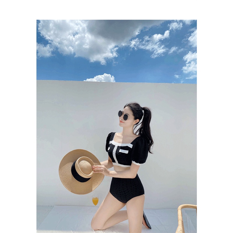 (Mẫu mới 2023) Bikini đồ bơi 2 mảnh Hàn Quốc đen trắng sang trọng nổi bật quần lưng cao tôn dáng