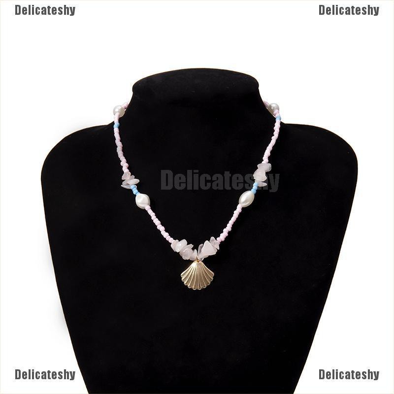 Vòng Cổ Choker Đính Hạt Ngọc Trai Và Vỏ Sò Màu Hồng Phong Cách Boho Dành Cho Nữ