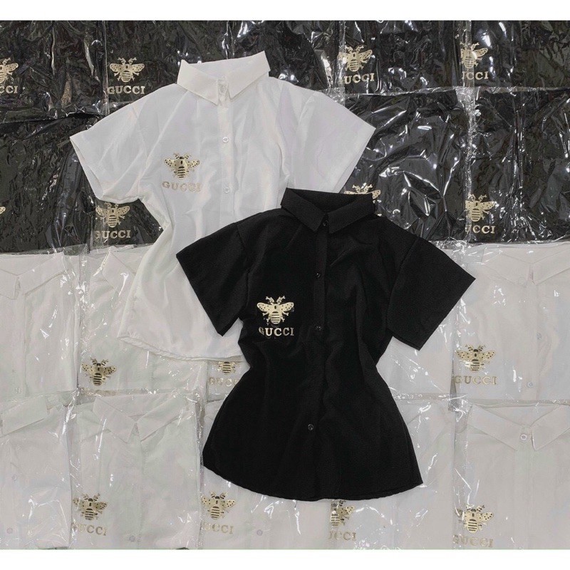 Áo sơ mi tay ngắn form ôm . đính vàng con ong chữ hiệu 1 bên ngực cực xinh , chất kate lụa