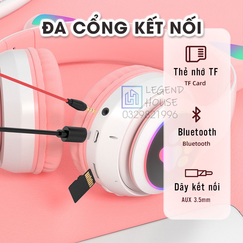 Tai Nghe Chụp Tai Bluetooth Không Dây Tai Mèo Đáng Yêu Có Đèn Led Thích Hợp Xem Phim, Nghe Nhạc Chơi Game Và Học Online