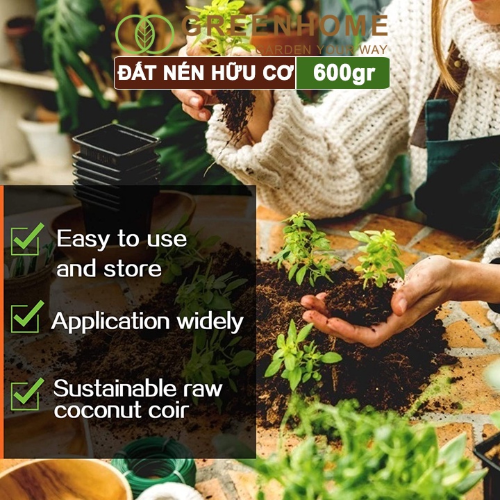 Đất nén hữu cơ, 600gr Greenhome, mụn sơ dừa bánh lớn đã qua xử lý, nở gấp 5 lần, trồng rau, trộn giá thể trồng cây