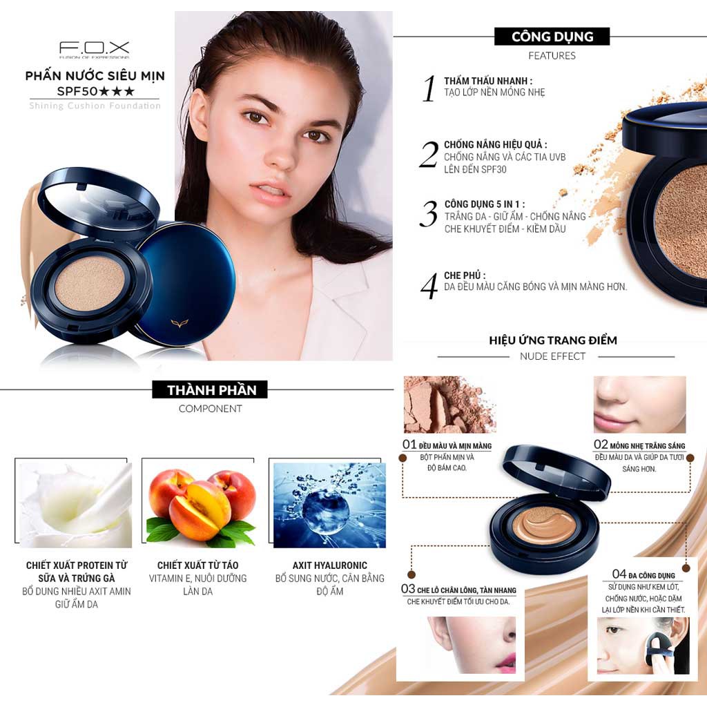 Phấn Nước Siêu Mịn 5 trong 1  F.O.X - SPF50★★★ Shining Cushion Foundation 15g | BigBuy360 - bigbuy360.vn