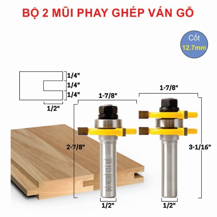 Bộ 2 mũi phay ghép ván sàn chữ T - Mũi soi ghép ván gỗ mộng dày 13/19mm