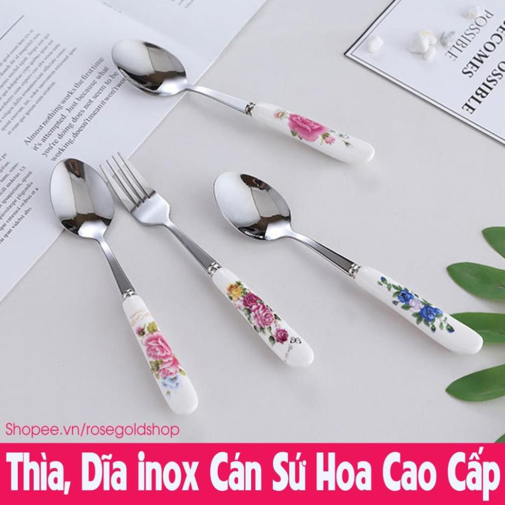 Thìa inox Cán Sứ Cao Cấp Hoa Văn Sang Trọng [Thanh Mai Shop]