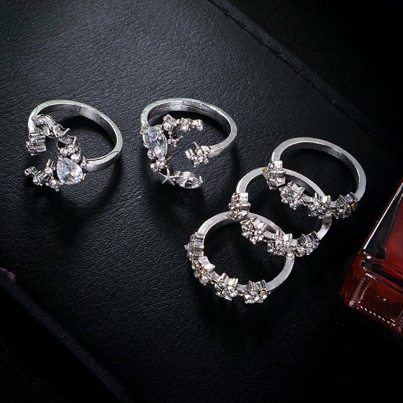 Set 5 Nhẫn Đốt Ngón Tay Mạ Bạc Hình Trăng Sao Đính Đá Pha Lê Phong Cách Bohemian