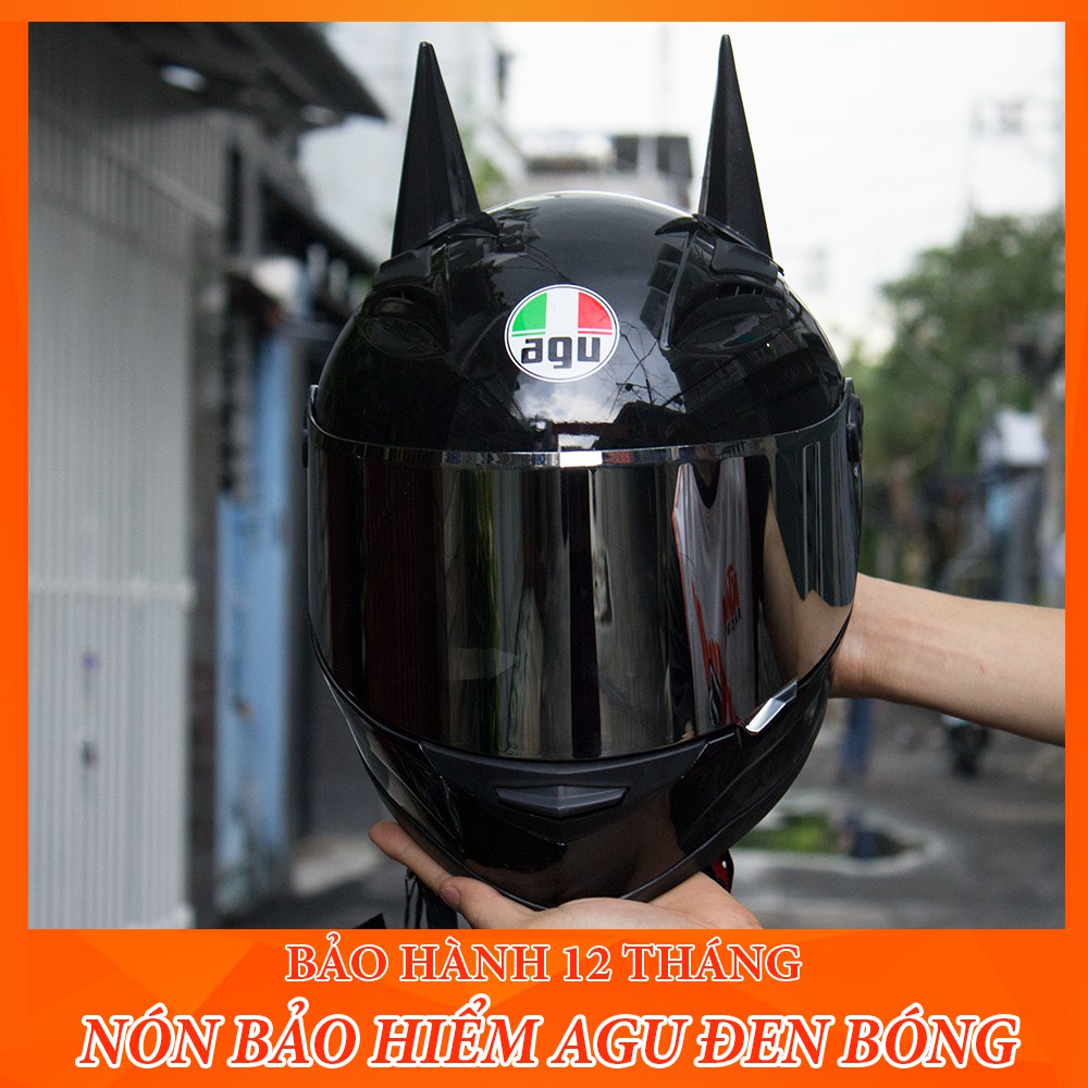 Mũ bảo hiểm AGU Fullface Đen Bóng KÈM SỪNG BATMAN ĐEN (BẢO HÀNH 12 THÁNG)