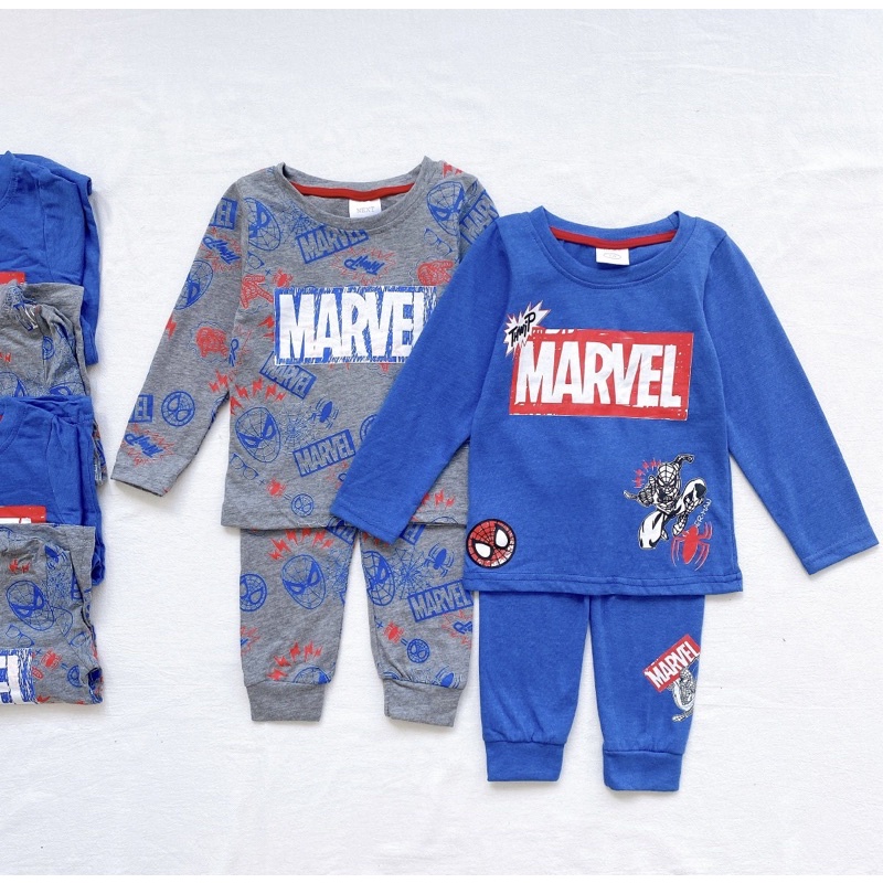 Set 2 bộ cotton dài tay cho bé trai in marvel xanh ghi