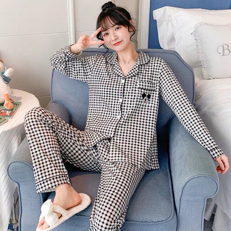 Bộ đồ ngủ tay dài cổ bẻ in họa tiết mặt trăng dễ thương thời trang thu đông cho nữ