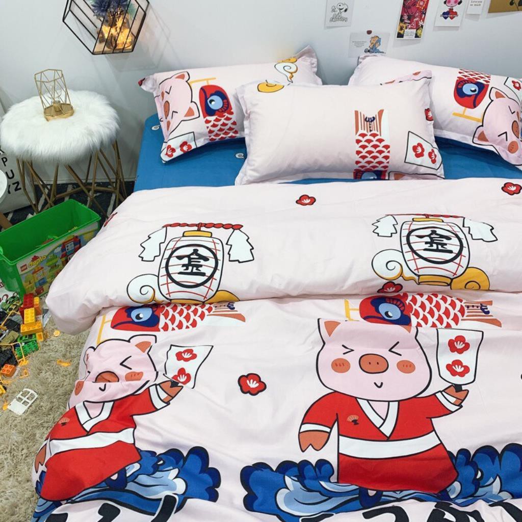 Bộ chăn ga gối drap giường chất cotton poly họa tiết lợn múa quạt