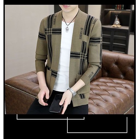 Áo Khoác Cardigan Dệt Kim Tay Dài Cổ Đứng Họa Tiết Kẻ Sọc Phong Cách Hàn Quốc Cho Nam Giới Trung Niên