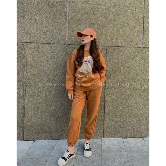 Sét bộ thời trang nữ mặc đi chơi chất nỉ bông tay dài in hình gấu mix quần jocker bo chun