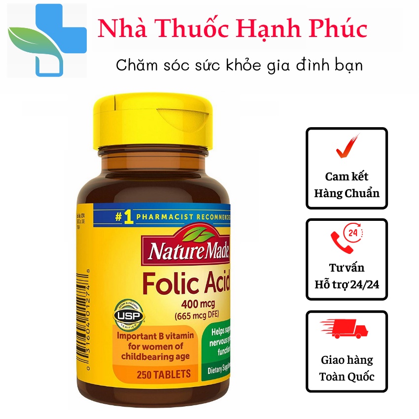 Viên uống Folic Acid 400mcg 250 viên Nature Made - USA