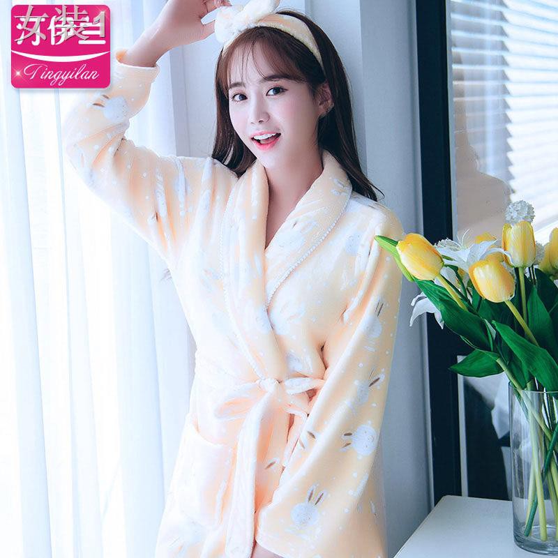 Váy ngủ phụ nữ mùa đông vải nỉ dày dặn xuân và thu bộ đồ pijama dễ thương áo choàng tắm dài tay Phiên bản Hàn | BigBuy360 - bigbuy360.vn