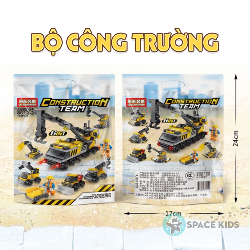 Đồ chơi mô hình lắp ráp 6 trong 1 mô hình xe cẩu Công trường 142 chi tiết cho bé