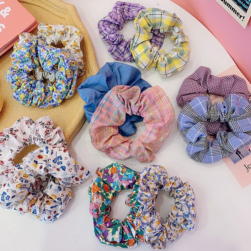 Dây buộc tóc Scrunchies co giãn phối ren phối màu cầu vồng thời trang cho nữ