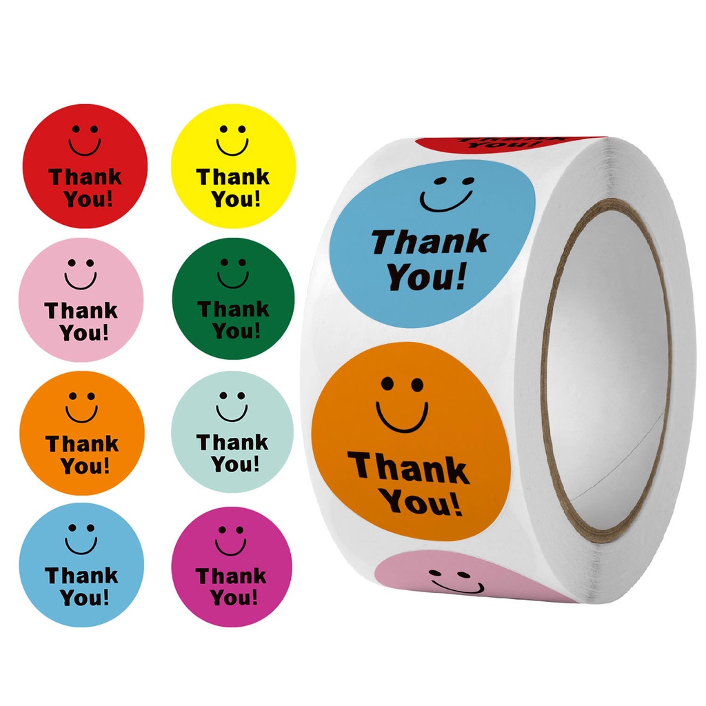 Cuộn 500 miếng tem giấy dán cảm ơn Sticker Thank you gói quà hình mặt cười dễ thương STICK032