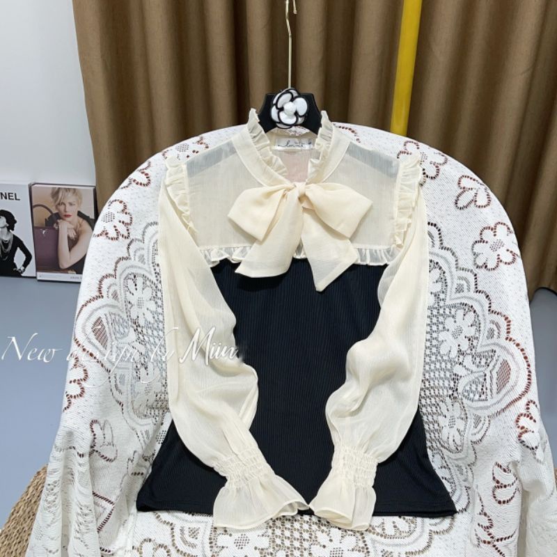 Áo len tăm đen phối cổ nơ | BigBuy360 - bigbuy360.vn